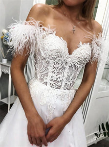 A Line Off the Shoulder Sweep Train White Prom Dresses