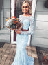 Mermaid Sky Blue Lace Prom Dress Two Piece with Long Sleeves LBQ0654