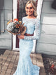 Mermaid Sky Blue Lace Prom Dress Two Piece with Long Sleeves