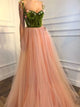 A Line Sweetheart Tulle Appliques Sweep Train Prom Dresses