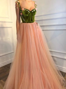 A Line Sweetheart Tulle Appliques Prom Dresses