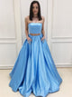 A Line Blue Two Pieces Satin Prom Dresses with Pockets