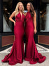 Mermaid V Neck Burgundy Satin Prom Dress LBQ0656