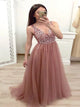 A Line Dusty Rose Tulle Beadings Sweep Train Prom Dresses with Lace Up