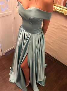 A Line Off the Shoulder Satin Prom Dresses with Slit