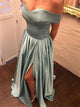 A Line Off the Shoulder Satin Prom Dresses with Slit
