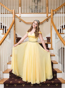 Short Sleeves Beadings Yellow Tulle Prom Dresses
