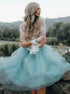 Two Piece Bateau White Lace Long Sleeves Blue Tulle Short Prom Dresses LBQ0660