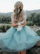 Two Piece Bateau White Lace Long Sleeves Blue Tulle Short Prom Dresses