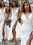 A Line White V Neck Prom Dresses with Slit