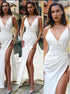 White V Neck Prom Dress with Slit LBQ1160