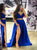 Royal Blue Two Pieces V Neck Satin Prom Dresses