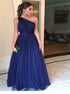 A Line Navy Blue Tulle Pleats Prom Dress LBQ1498