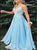 A Line Light Sky Blue V Neck Tulle Prom Dresses with Sweep Train