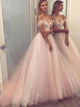Elegant Off the Shoulder Tulle Ball Gown Pink Pleats Prom Dresses