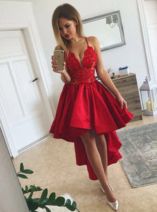 A Line Spaghetti Straps V Neck Lace Asymmetry Red Satin Prom Dresses