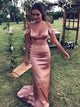 Spaghetti Straps Satin Sheath Drop Sleeves Pink Prom Dresses