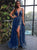 A Line Sequins Navy Blue V Neck Prom Dresses with Slit