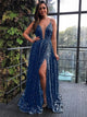 A Line Sequins Navy Blue V Neck Sweep Train Prom Dresses with Slit