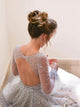 Tulle Long Sleeves Open Back Prom Dress A Line V Neck with Beadings