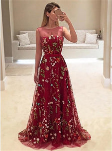 Dark Red A Line Bateau Tulle Sweep Train Prom Dress with Floral Embroidery