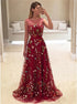Dark Red A Line Bateau Tulle Prom Dress with Floral Embroidery LBQ0672