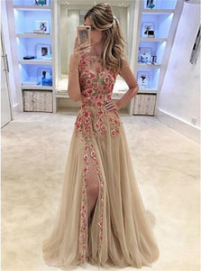 A Line Round Neck Split Tulle Prom Dresses with Floral Appliques