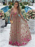 A Line V Neck Tulle Long Sleeves Prom Dress with Floral Appliques LBQ0674