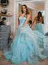 Light Blue Backless Spaghetti Straps Tulle Prom Dress wifh Ruffles LBQ0675