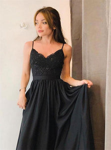 A Line Spaghetti Straps Black Floor Length Prom Dresses with Split