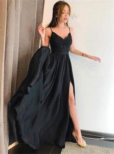A Line Spaghetti Straps Black Prom Dresses with Split