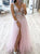 A Line V neck Tulle Slit Prom Dress With Appliques