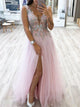 A Line V neck Tulle Slit Floor Length Prom Dresses With Appliques