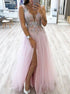A Line V neck Tulle Slit Prom Dress With Appliques LBQ0680