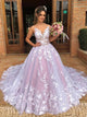A Line Pink V Neck Tulle Appliques Sweep Train Prom Dresses