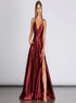 A Line Spaghetti Straps Burgundy Satin Criss Cross Prom Dress with Slit LBQ2896