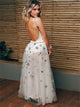 Crew Floor Length White Tulle Backless Prom Dress with Appliques