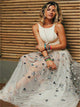 A Line Crew Floor Length White Tulle Backless Prom Dresses with Appliques