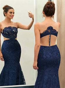 Mermaid Crew Navy Blue Lace Sleeveless Prom Dresses with Appliques