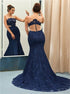 Mermaid Crew Navy Blue Lace Sleeveless Prom Dress with Appliques LBQ0380