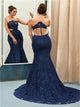 Mermaid Crew Sweep Train Navy Blue Lace Sleeveless Prom Dress with Appliques