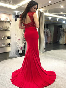 Sexy Mermaid High Neck Open Back Red Prom Dresses