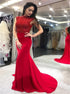 Mermaid High Neck Open Back Red Prom Dress with Beadings LBQ0343