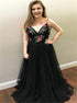 A Line Spaghetti Straps Black Tulle Sleeveless Prom Dress with Appliques LBQ0365