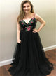 A Line Spaghetti Straps Black Tulle Prom Dress with Appliques