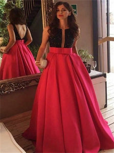 A Line Crew Sweep Train Red Satin Open Back Prom Dress with Bowknot Pockets