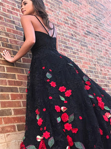 A Line Spaghetti Straps Black Lace Prom Dress with Appliques LBQ0366