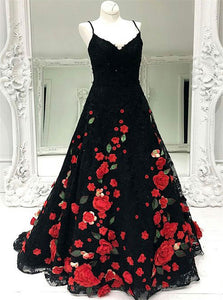 V Neck Spaghetti Straps Black Tulle Sleeveless Prom Dress with Appliques LBQ0365