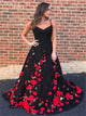 A Line Spaghetti Straps Black Lace Prom Dress with Appliques