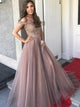 Chic A Line Off the Shoulder Short Sleeves Prom Dresses with Rhinestones 